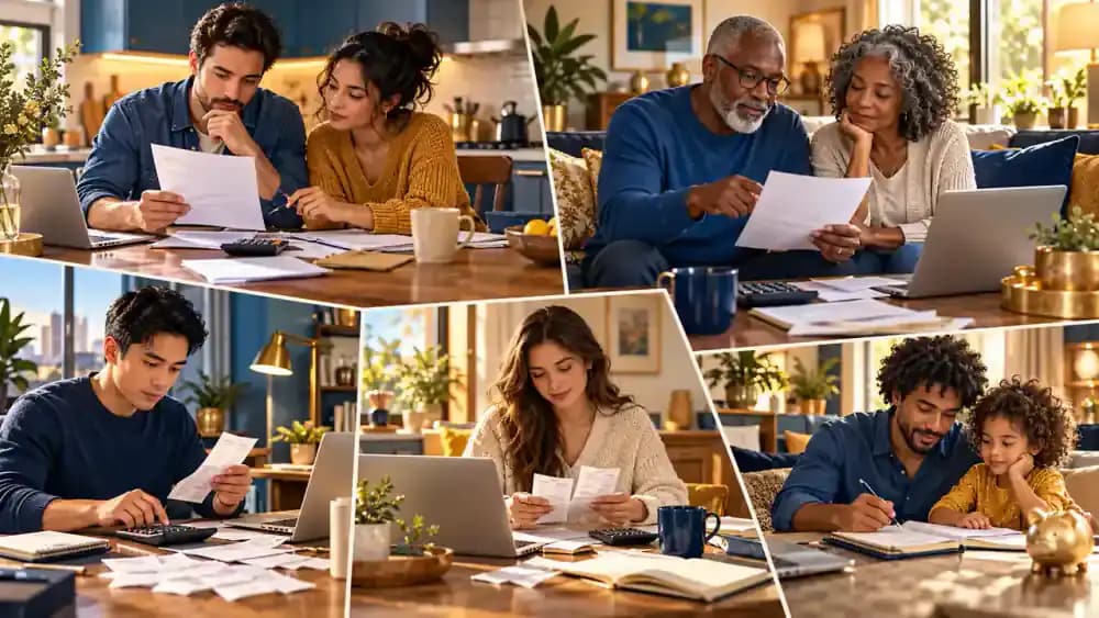 Diverse American adults reviewing household finances in different residential settings.