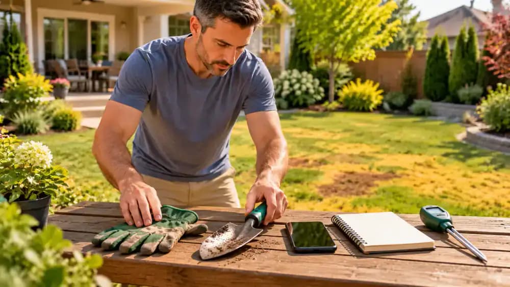 Gardening gloves, a small hand trowel, smartphone, open notebook, pencil, and soil moisture meter arranged on a wooden garden bench beside yellow lawn patches.