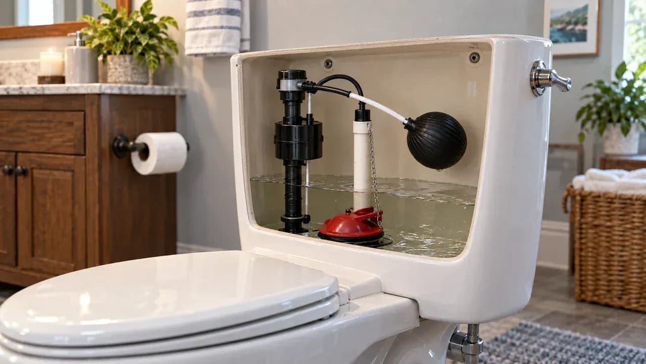 Open toilet tank viewed from the side as the water level drops slightly and the fill valve begins refilling the tank, with the toilet bowl visible behind it.