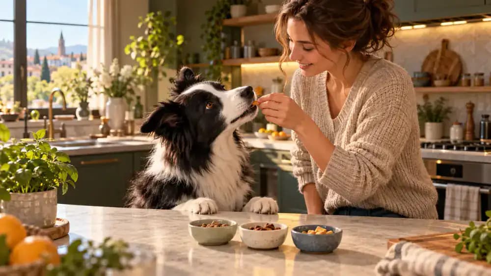 Attentive Border Collie watching its kneeling owner present a tiny training treat beside three ceramic dishes on a wooden kitchen island, with a clicker and treat pouch nearby.