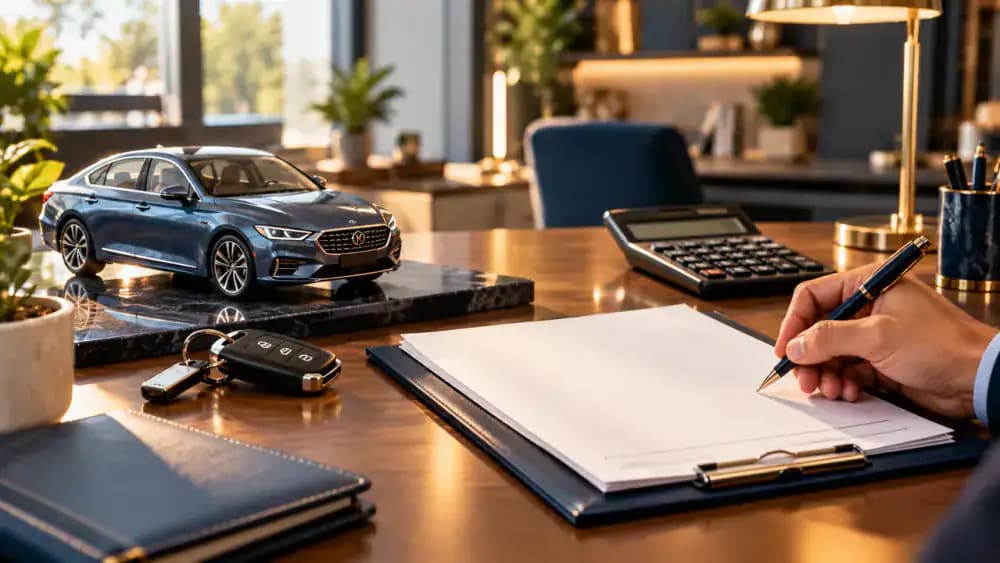 A miniature car and blank purchase agreement separated from financing documents and a calculator.