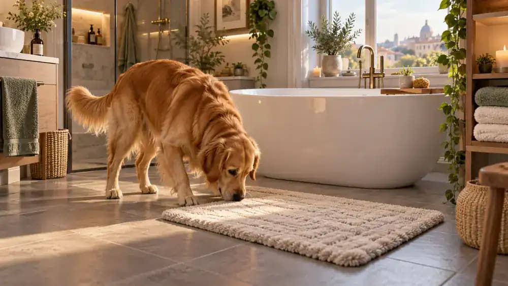 Muddy spaniel standing near the back door while the owner inspects dirt on its lower legs, with a clean towel nearby.