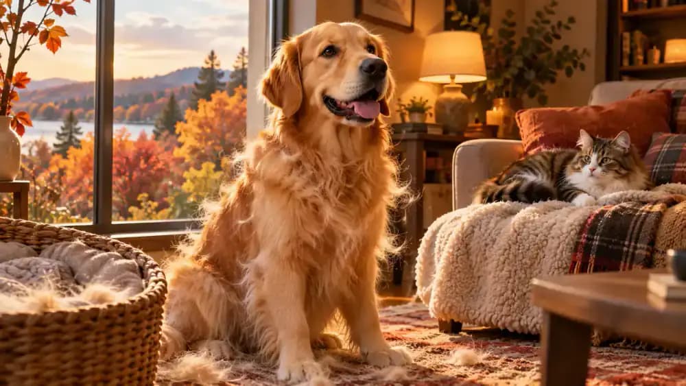 Golden Retriever standing beside a floor-to-ceiling window overlooking a garden transitioning from leafy spring greenery to golden autumn foliage, with a cat resting beneath an indoor lamp.