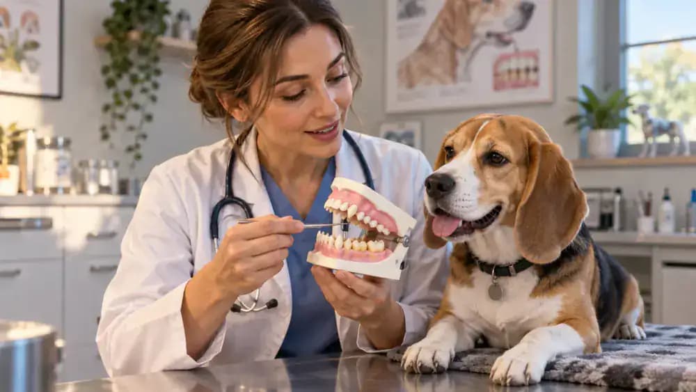 Veterinarian explaining dental plaque on a tooth model while a calm beagle sits nearby