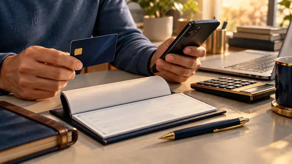 Bank card, checkbook, and smartphone illustrating payday loan repayment methods.