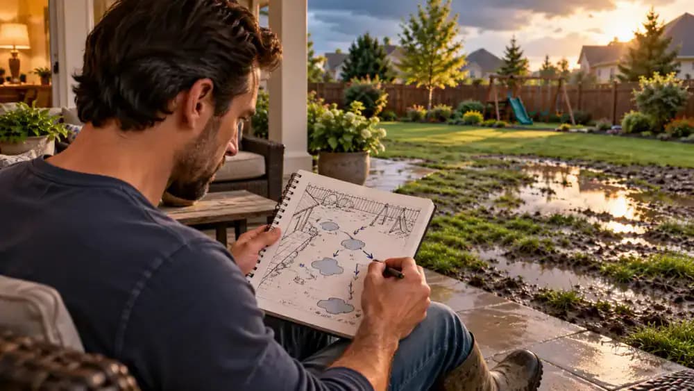 Over-the-shoulder view of a homeowner standing under a covered porch, using a pencil to sketch backyard puddle locations, runoff directions, and a roof downspout in a spiral notebook, with a wet lawn visible behind.