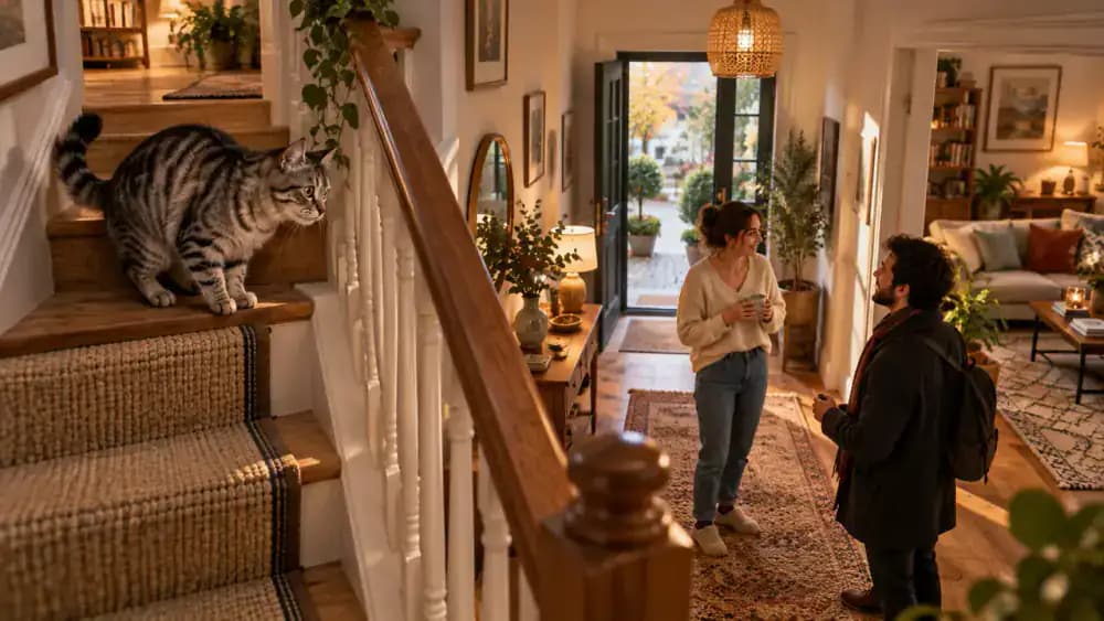 Cautious gray tabby cat pauses halfway up a wooden staircase in a bright townhouse, watching a visitor speak with its owner downstairs.