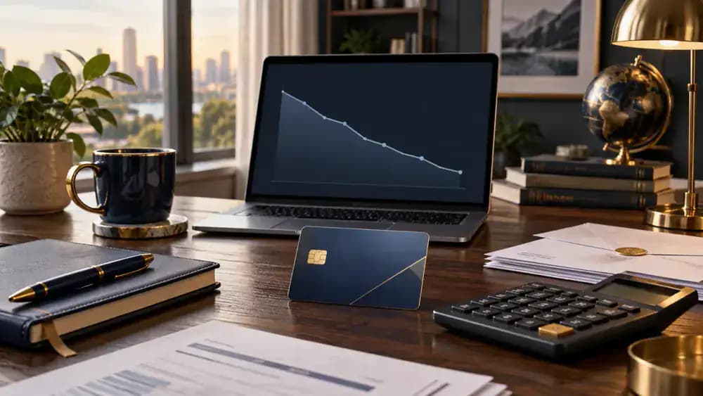 Abstract credit dashboard showing a slightly declining graph beside a closed credit card.