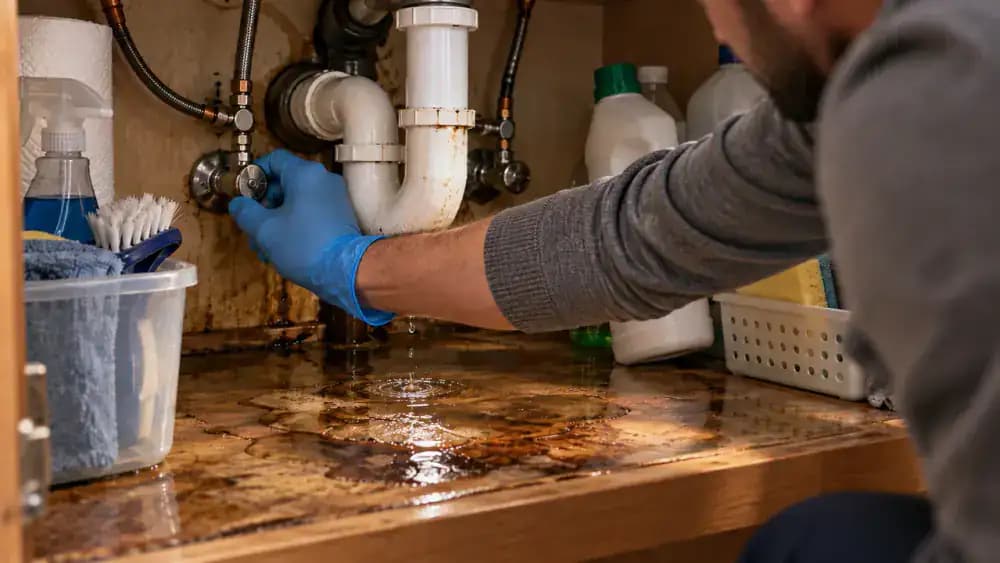 Low-angle view inside an open kitchen sink cabinet showing a gloved hand turning the cold-water shutoff valve clockwise while checking the supply line for dripping, with cleaning supplies in the background.