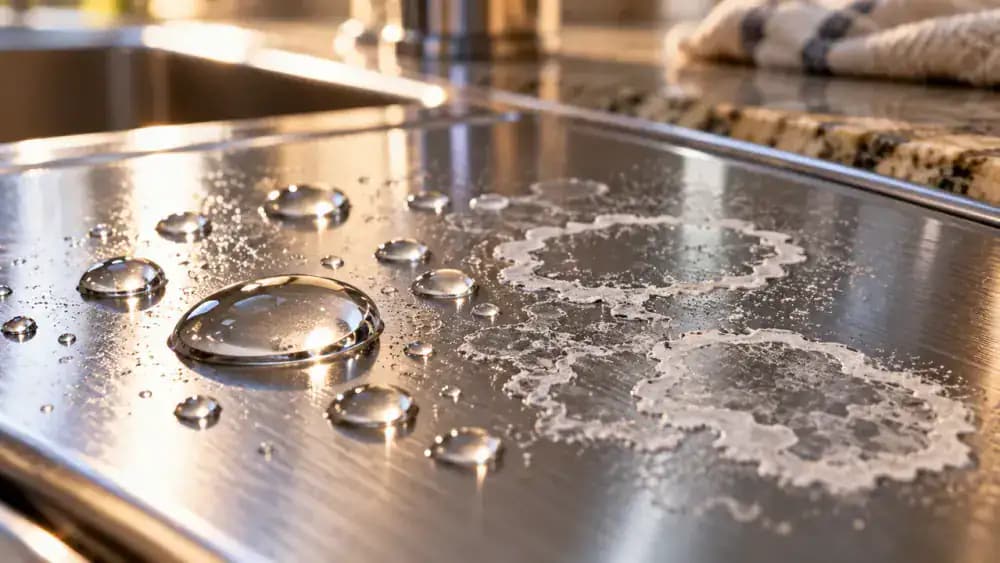 Extreme close-up illustration of clear water droplets evaporating on a stainless steel panel, leaving thin white calcium and magnesium mineral rings and gradually forming chalky hard water deposits.