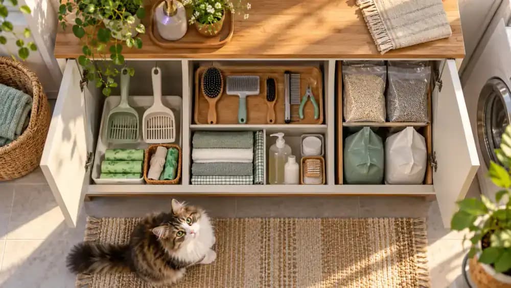 Overhead view of a utility shelf with a slotted litter scoop, waste bags, labeled cleaning brush, microfiber cloths, mild unscented soap, and a sealed container of fresh cat litter arranged neatly.