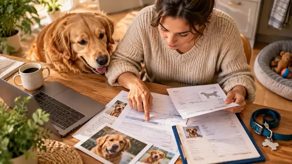 A pet owner reviewing adoption papers, a vaccination booklet, a veterinary invoice, and a microchip certificate at a kitchen table while recording the chip number in a notebook.