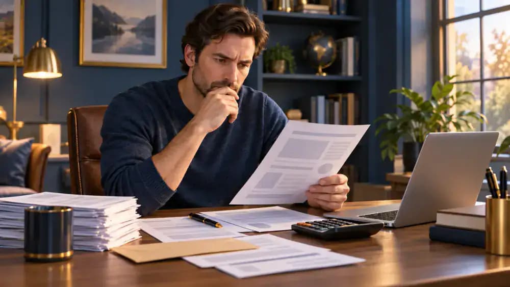 Financial documents arranged beside an abstract numerical dashboard