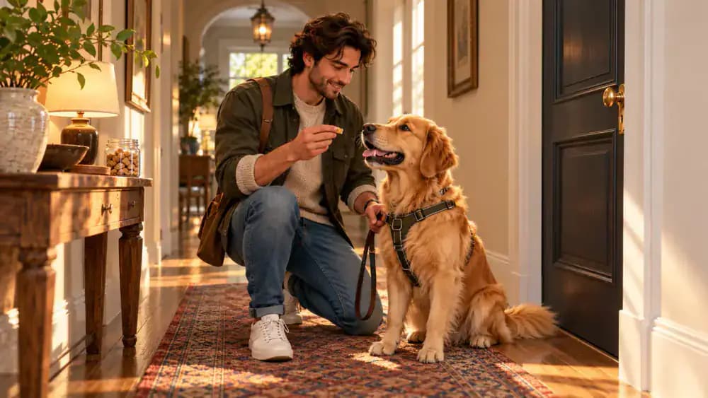 A dog standing beside its owner in a quiet hallway near a closed interior door, with treats ready in a pouch and a comfortably fitted leash.