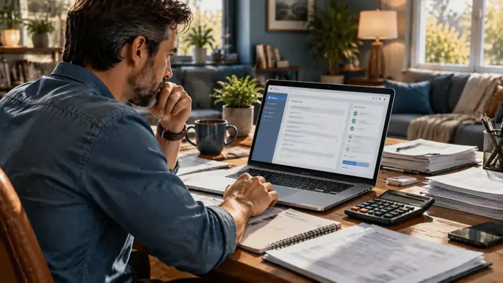 Laptop displaying a generic tax preparation interface beside financial documents in a home office.