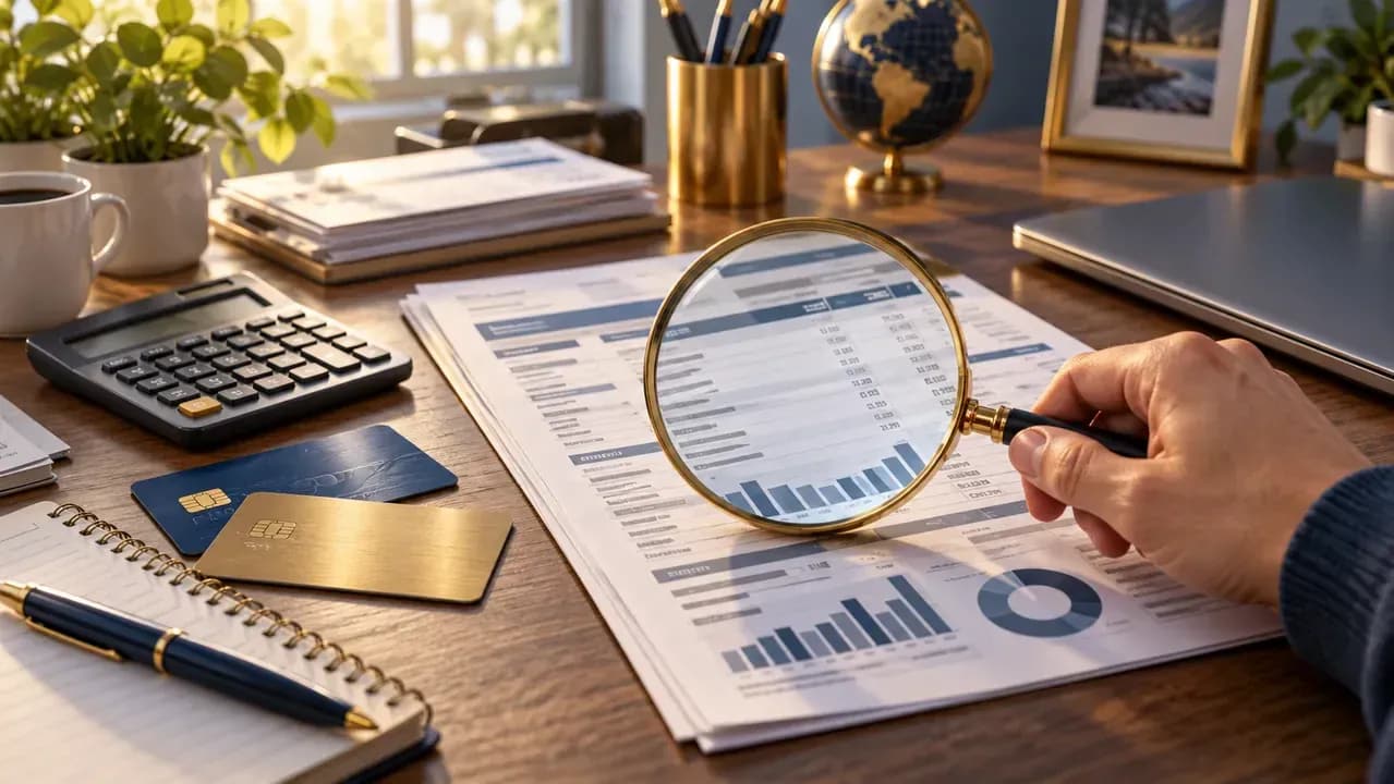 Review the full credit card statement for unfamiliar charges, credits, fees, and math errors.