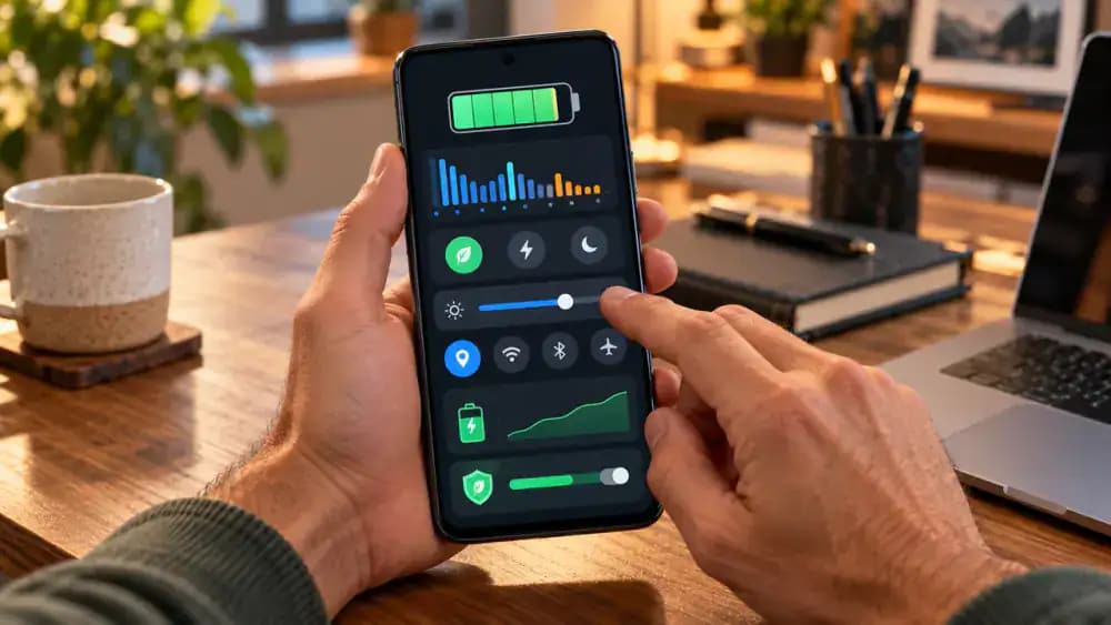 Android smartphone on a vertical stand showing the Battery usage screen with an illustrative power consumption graph and highlighted app entry, alongside views of Display settings, background activity, Location permissions, and Battery Saver.