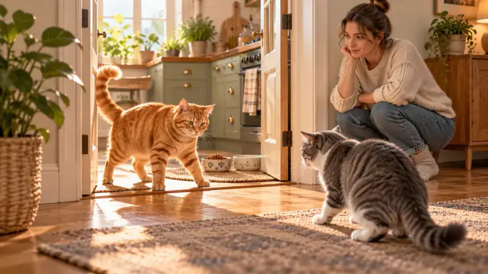 Owner observing from a living room doorway as an orange tabby blocks the narrow entrance to a feeding area while a gray-and-white cat waits several feet away.