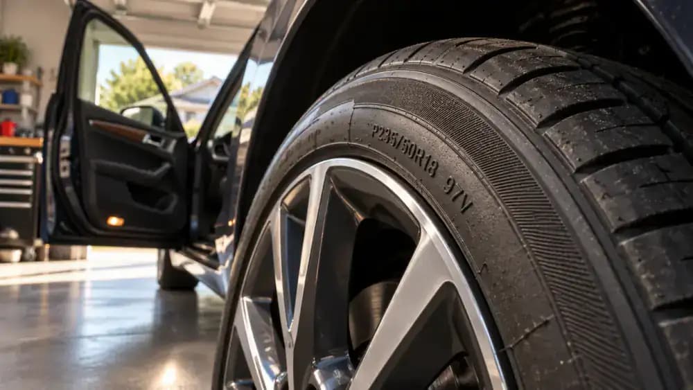 Close-up of a sedan tire sidewall showing an illustrative MAX PRESS 44 PSI marking, with a hand pointing to the maximum pressure rating.