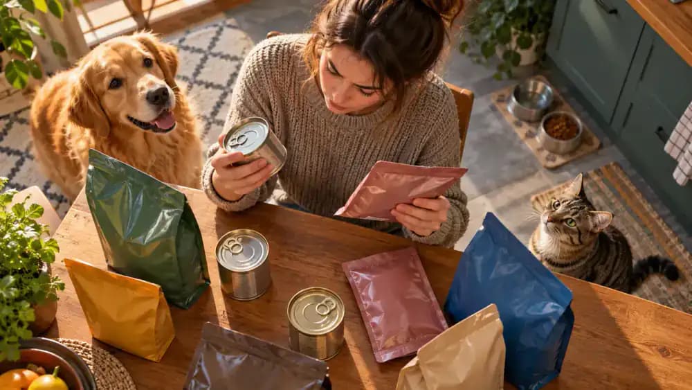 Pet owner reading storage instructions and the best-by date on a large kibble bag at a wooden kitchen table while inspecting a canned food container beside neatly arranged unopened pouches and cans.
