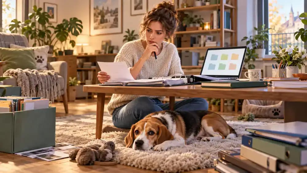 Pet records binder on an office shelf beside a computer displaying a dedicated folder while a beagle rests nearby