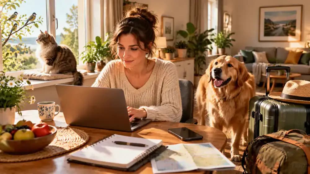 Pet owner completing a profile with species, age, weight, health history, outdoor activity, travel, and household animals while a cat watches birds and a dog explores a grassy trail.