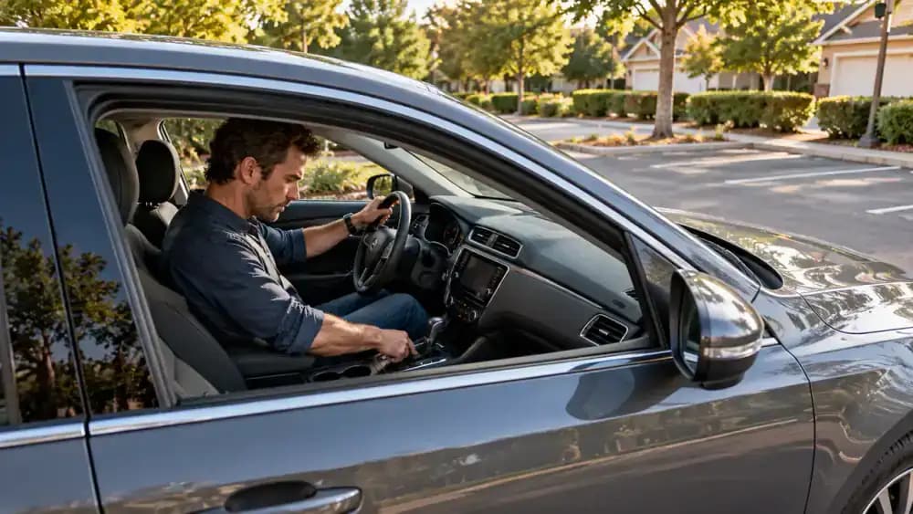 Modern American sedan parked in a marked suburban parking space while the driver selects Park, engages the electronic parking brake, and switches off accessories.