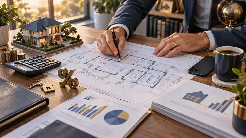 House blueprint with finance symbols