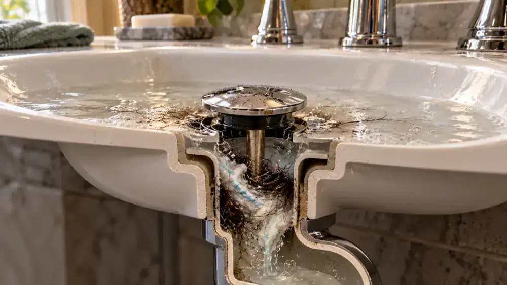 Educational cutaway illustration of a bathroom sink drain showing hair wrapped around the chrome pop-up stopper stem, accumulated soap and toothpaste residue narrowing the drain opening, and blue arrows indicating restricted water flow.