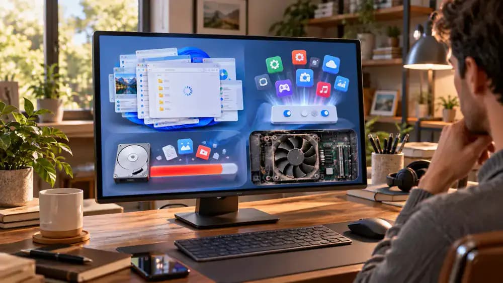 Windows 11 desktop monitor with four illustrated performance bottlenecks: multiple applications using memory, startup programs, nearly full storage, and computer hardware components.