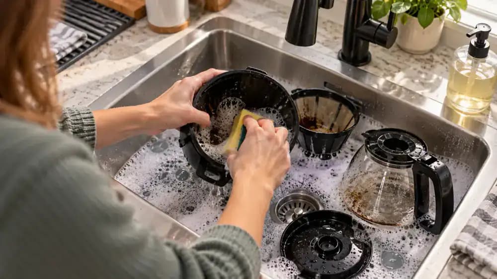 Hands washing a coffee maker brew basket, reusable filter, carafe, and lid with a soft sponge in warm soapy water while the unplugged coffee maker sits in the background.