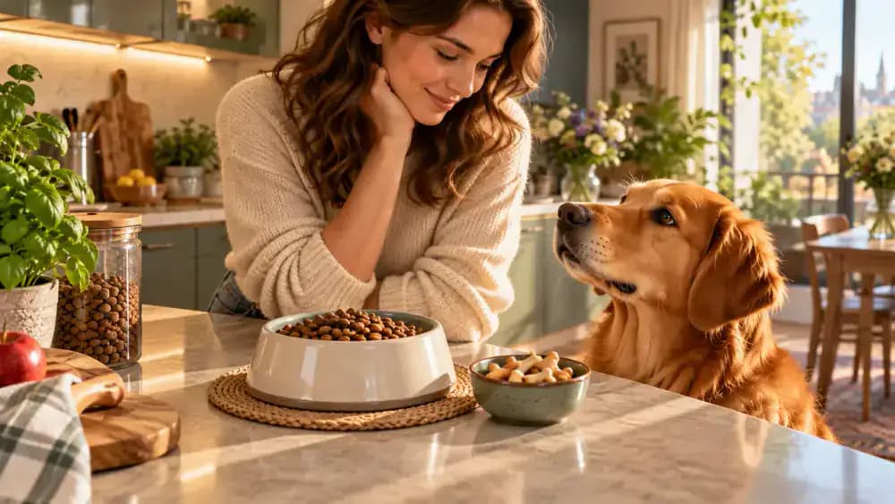 Measured kibble and tiny dog treats prepared in small bowls