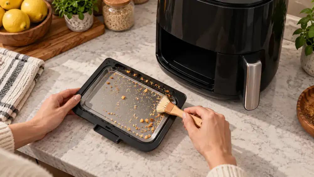 Overhead view of a cooled unplugged appliance with its removable crumb tray beside it while a dry soft brush sweeps crumbs from a housing seam and vent edge.