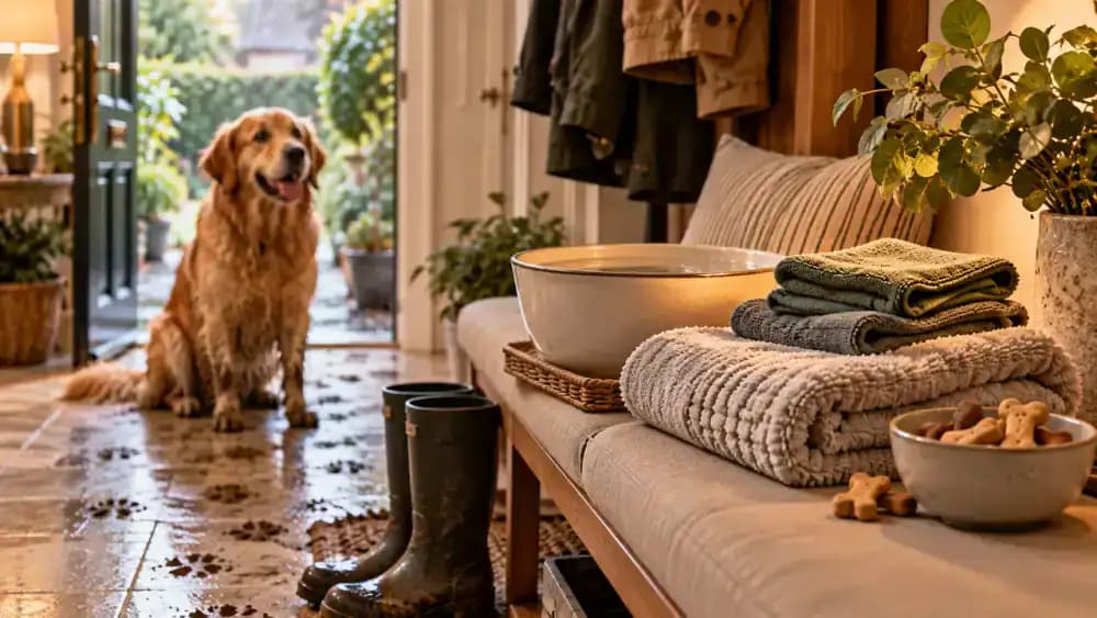 Close-up of a wooden bench beside an entrance holding a shallow ceramic bowl of clear water, folded microfiber cloths, a thick towel, and a container of dog treats, with a golden retriever waiting in the background.
