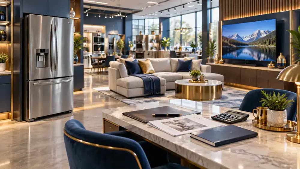Furniture, refrigerator, and electronics displayed together in a retail showroom