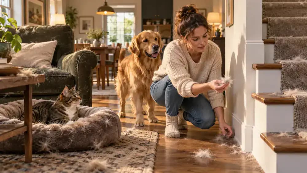 Homeowner checking pet hair along baseboards, stairs, furniture, and a pet bed