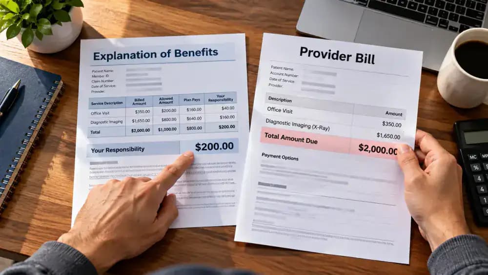Overhead view of two fictional health insurance documents side by side, showing an Explanation of Benefits claim summary and a medical provider bill with a payment request section.