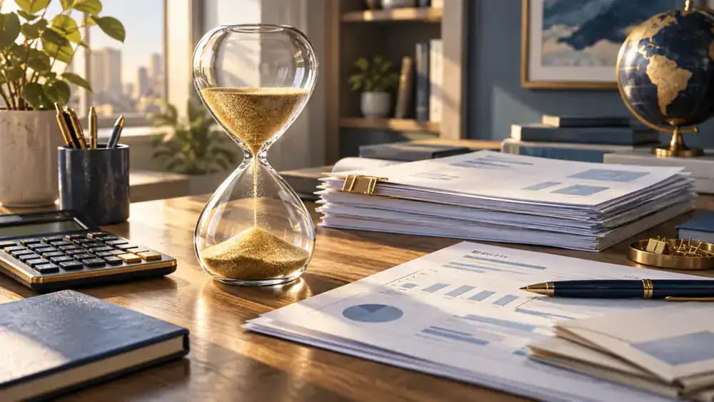 Hourglass beside financial documents representing long-term insurance decisions.