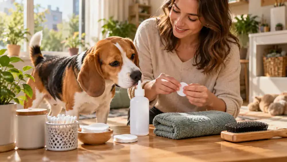 Owner arranging cotton pads, a folded towel, and canine ear cleaner in a bright grooming area while the dog sniffs the bottle.