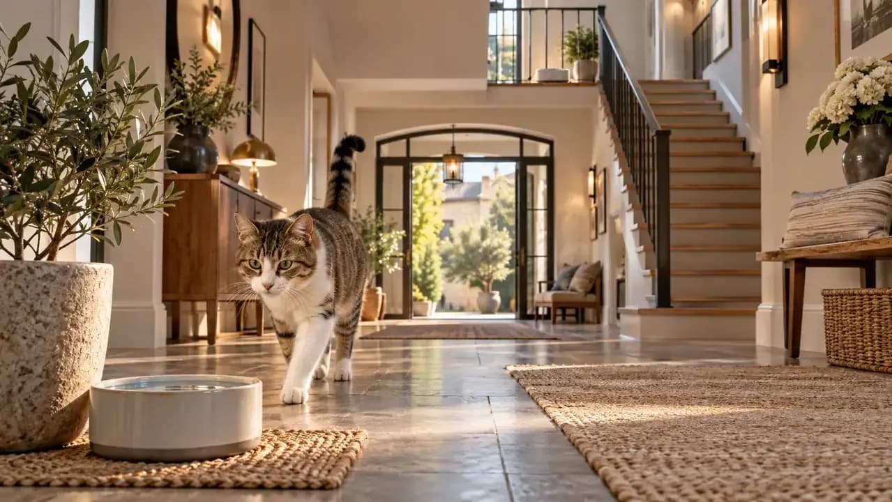 Cat walking toward one of several clean water bowls placed on different floors