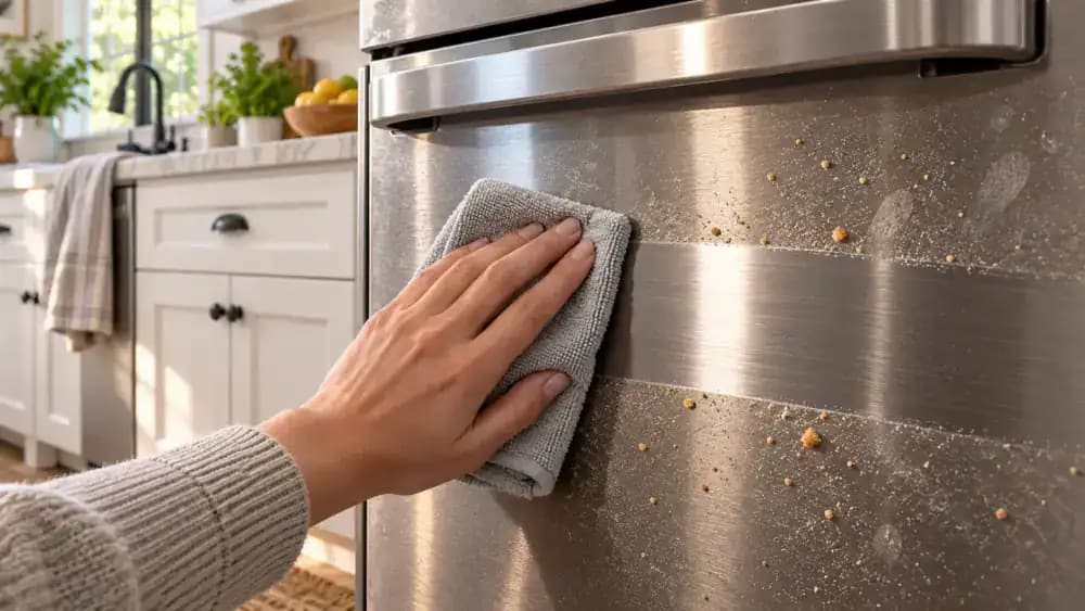 Hand wiping loose dust and crumbs from a stainless steel dishwasher door with a dry microfiber cloth, moving horizontally with the grain.