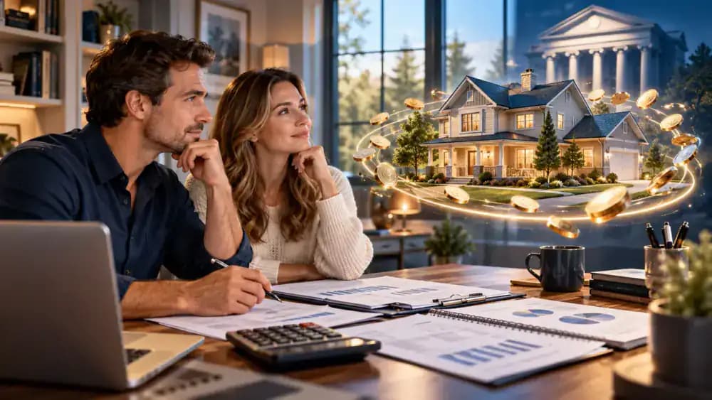 Suburban home connected to a revolving circle of coins illustrating a home equity line of credit.