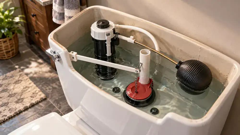 Overhead close-up of an open American toilet tank showing a labeled black rubber flapper, metal flush chain, adjustable float, fill valve, and vertical overflow tube, with the porcelain lid resting on a folded towel.