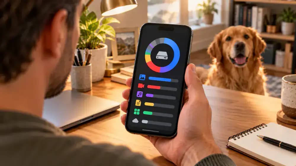 Adult checking a smartphone's storage settings at a home office desk, with a color-coded capacity bar and Photos, Videos, Apps, Downloads, Messages, and System categories visible on the screen.