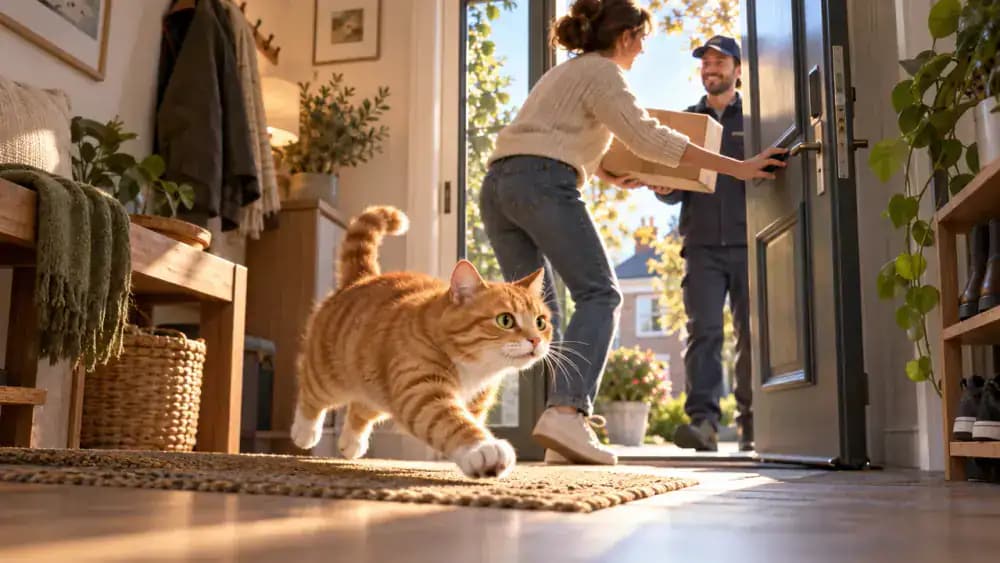 Ginger cat observing a coat rack and keys near a closed apartment entrance while its seated owner records observations in a notebook.