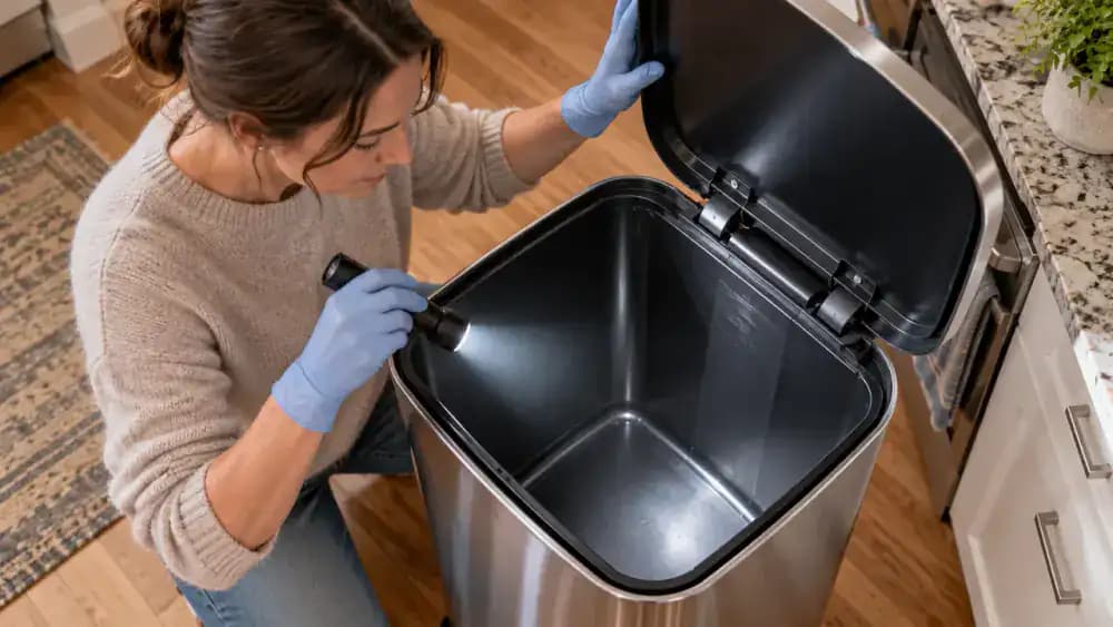 Gloved person using a flashlight to inspect the bottom, side walls, rim, hinges, and lid edges of an empty kitchen trash can for residue and damage.