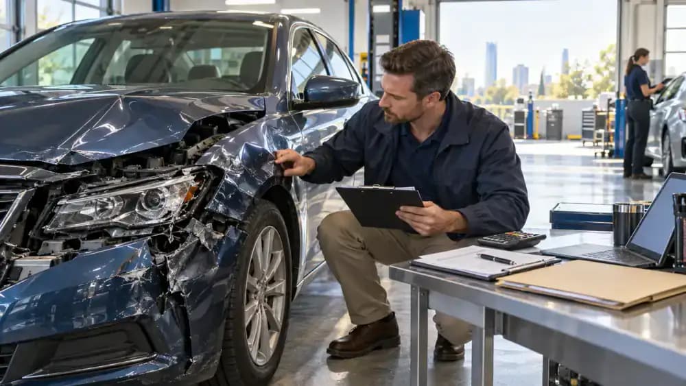 Insurance adjuster examining extensive collision damage inside a professional vehicle assessment facility.
