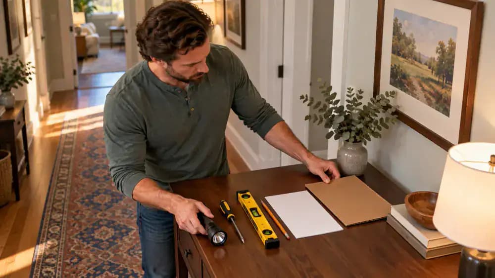 Overhead three-quarter view of a homeowner placing cardboard beside a flashlight, manual Phillips screwdriver, 12-inch spirit level, pencil, and white paper on a wooden table next to a partially open white interior door.