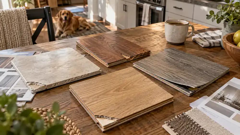 Overhead view of four labeled kitchen flooring samples - ceramic tile, vinyl, sealed hardwood, and laminate - with a person inspecting grout, lifted edges, worn finishes, and plank seams beside manufacturer cleaning instructions.