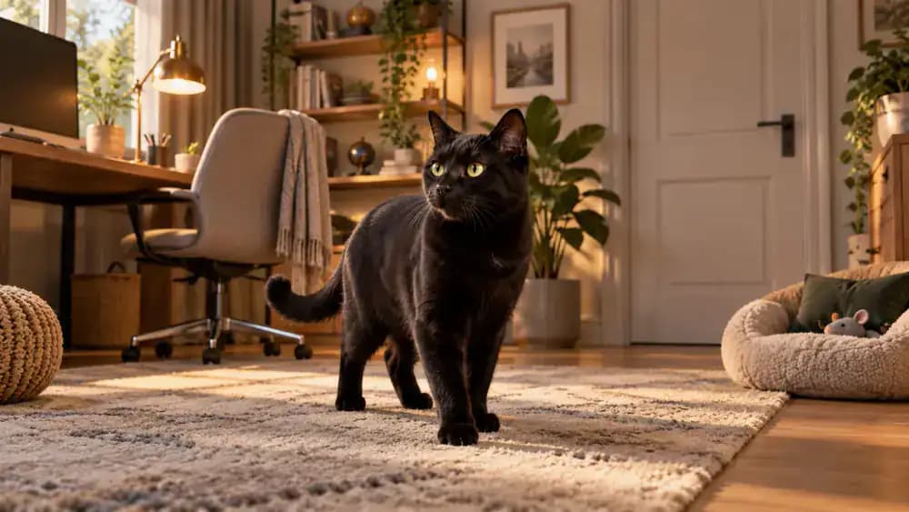 Quiet home office arranged as a starter room for a new cat